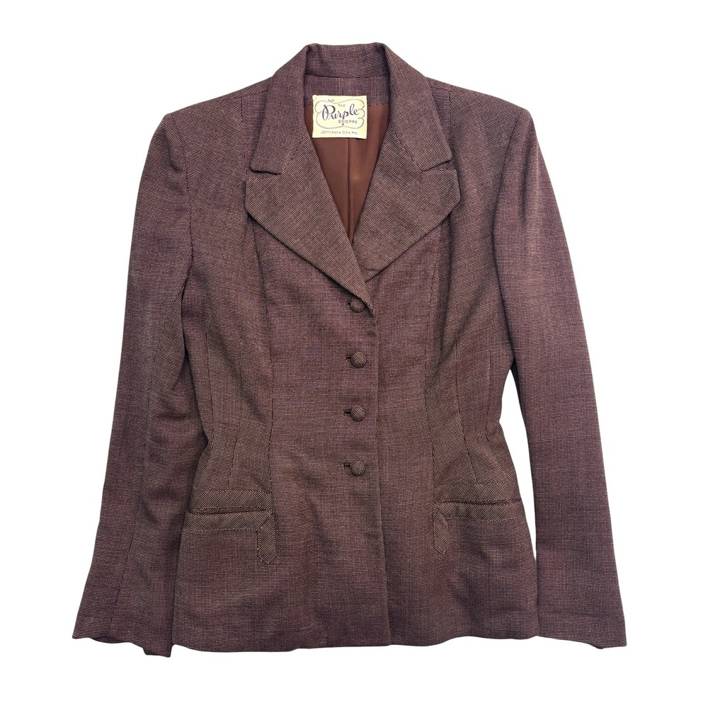 vtg 1940s Womens Small 6 Brown Birdseye Tweed Peplum Tailored Jacket Blazer - Picture 1 of 14